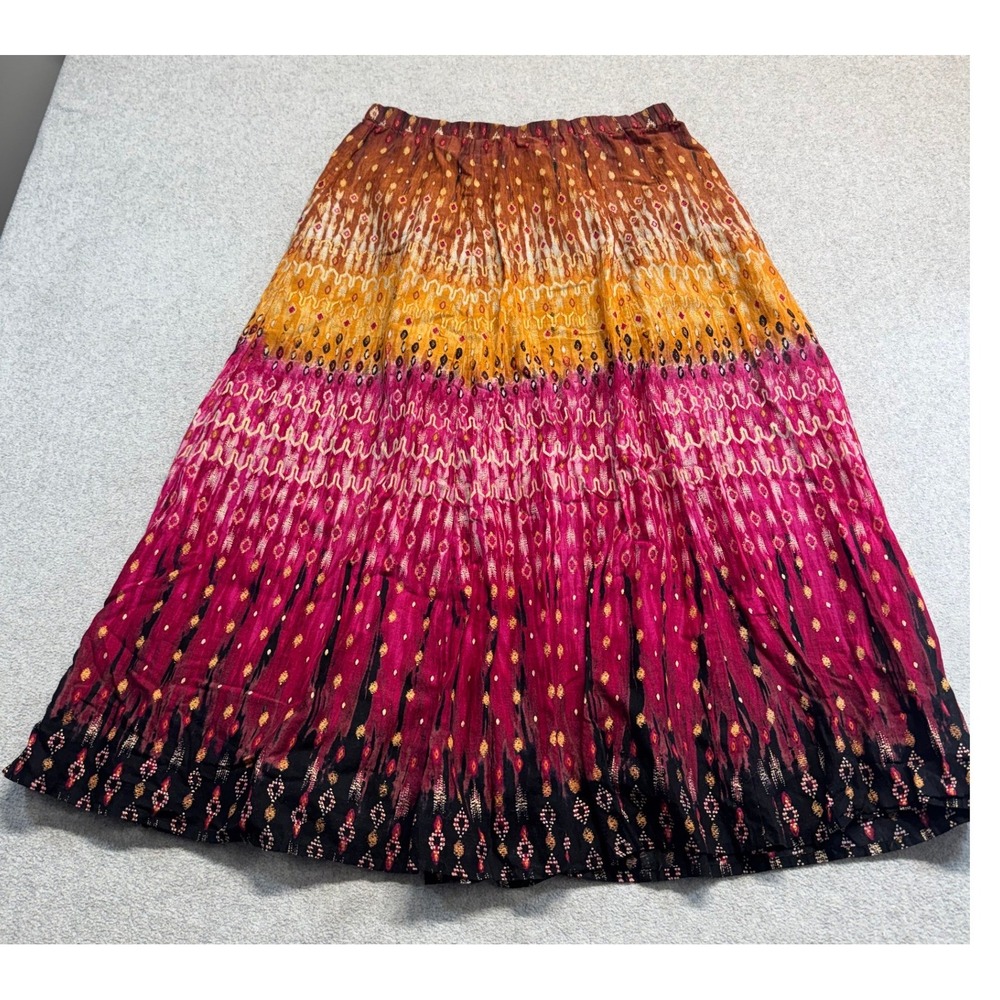 Chico's Maxi Skirt Womens 0 Multicolor Ikat Boho Crinkle Elastic Waist Festival